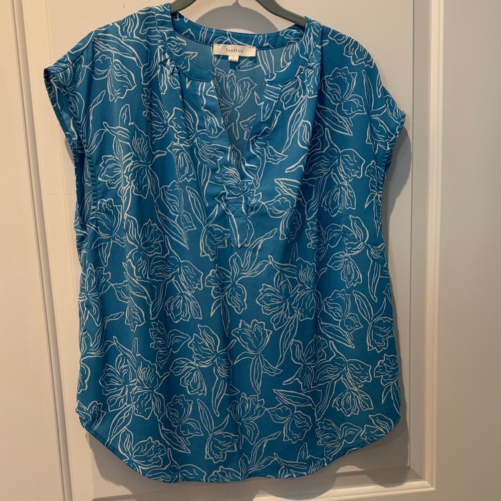 fun 2 fun Teal Blue Floral V-Neck Cap-Sleeve Blouse